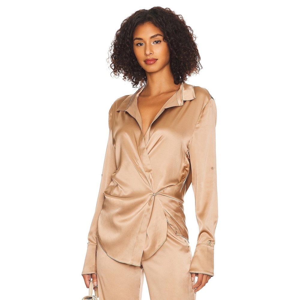 NEW SER.O.YA Karry Shirt in Natural Tan Khaki Long Sleeve Silk Satin Button Down